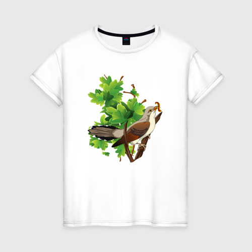 Женская футболка из хлопка с принтом Кукушка на дереве, вид спереди №1