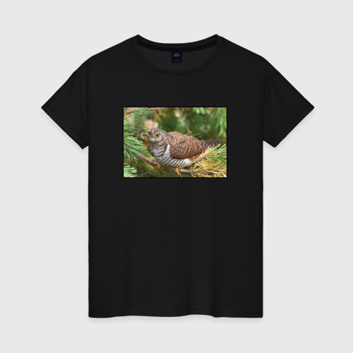 Женская футболка хлопок с принтом Кукушка в ветках ели, вид спереди #2