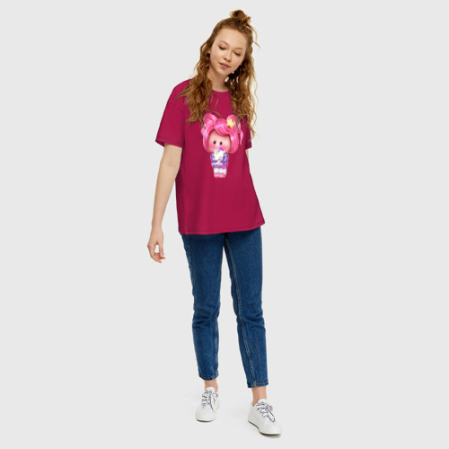 Женская футболка хлопок Oversize с принтом Маленькая девочка с единорогом в руках, вид сбоку #3