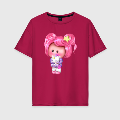 Женская футболка хлопок Oversize с принтом Маленькая девочка с единорогом в руках, вид спереди #2