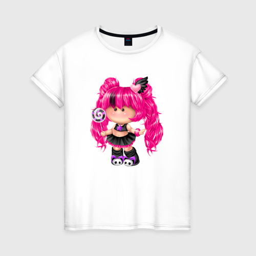 Женская футболка из хлопка с принтом Девочка   гот, вид спереди №1