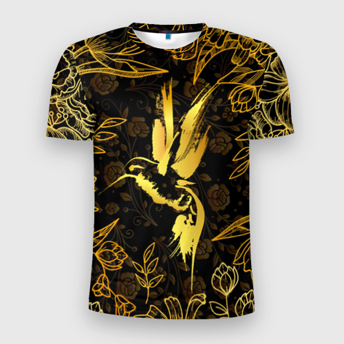 Мужская футболка приталенная с принтом Золотая колибри, вид спереди №1