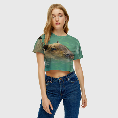 Женская футболка Crop-top 3D Капибара под водой, цвет 3D печать - фото 4