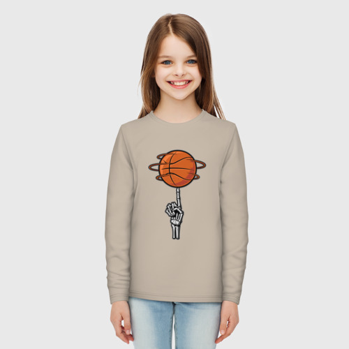 Детский лонгслив хлопок с принтом Баскетбольный мяч на костлявой руке, вид сбоку #3