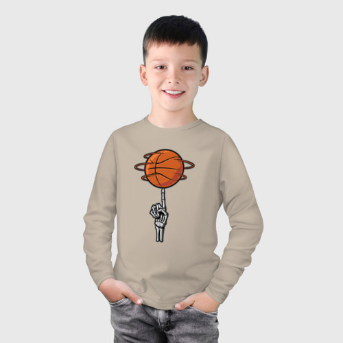 Детский лонгслив хлопок с принтом Баскетбольный мяч на костлявой руке, фото на моделе #1