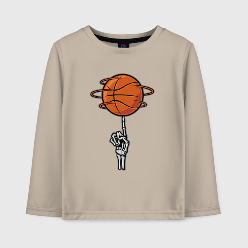 Детский лонгслив хлопок с принтом Баскетбольный мяч на костлявой руке, вид спереди #2
