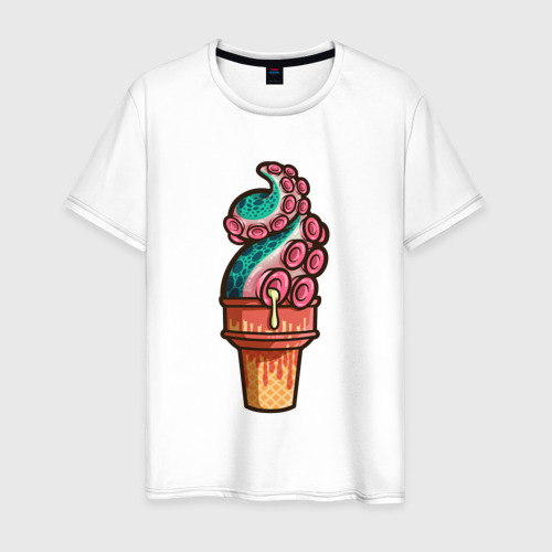Мужская футболка из хлопка с принтом Мороженое осьминог, вид спереди №1
