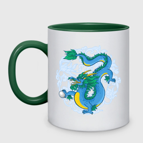 Кружка двухцветная Китайский дракон с орнаментом, цвет белый + зеленый