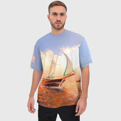 Мужская футболка oversize 3D Парусник в океане на фоне заката - фото 2