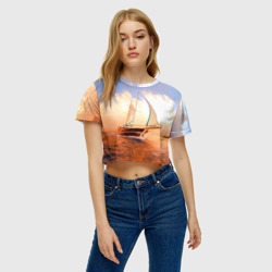 Женская футболка Crop-top 3D Парусник в океане на фоне заката - фото 2