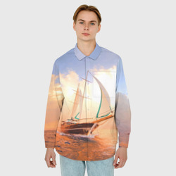 Мужская рубашка oversize 3D Парусник в океане на фоне заката - фото 2