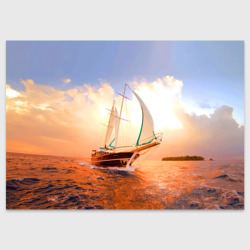 Поздравительная открытка Парусник в океане на фоне заката