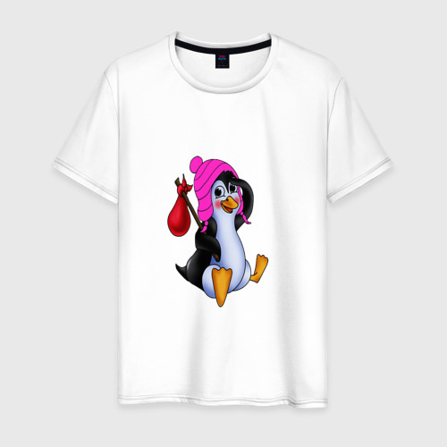 Мужская футболка хлопок с принтом Пингвин в розовой шапочке, вид спереди #2
