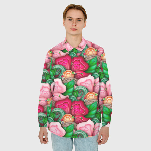 Мужская рубашка oversize 3D с принтом Калейдоскоп из листьев, фото на моделе #1