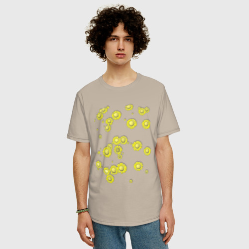 Мужская футболка хлопок Oversize Желтые цветы. Ромашки. Подсолнухи. Подарок садоводу, цвет миндальный - фото 3