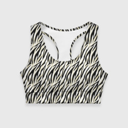 Женский спортивный топ 3D Тигровый полосатый узор- черные  бежевые полосы на белом