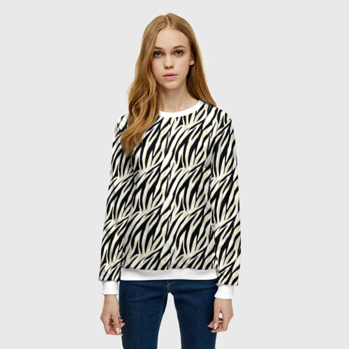 Женский свитшот 3D Тигровый полосатый узор- черные  бежевые полосы на белом, цвет 3D печать - фото 3