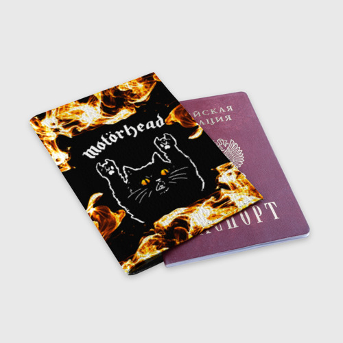 Обложка для паспорта матовая кожа Motorhead рок кот и огонь, цвет черный - фото 3