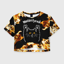 Женская футболка Crop-top 3D Motorhead рок кот и огонь