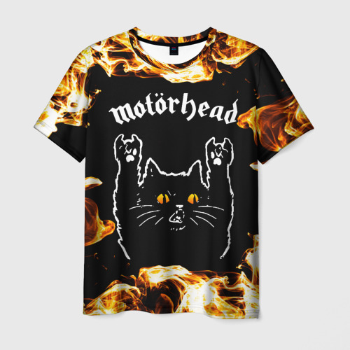 Мужская футболка с принтом Motorhead рок кот и огонь, вид спереди №1