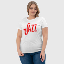 Футболка с принтом Jazz - труба для женщины, вид на модели спереди №4. Цвет основы: белый