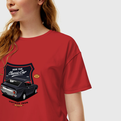 Женская футболка хлопок Oversize с принтом Ретро-автомобиль black, фото на моделе #1