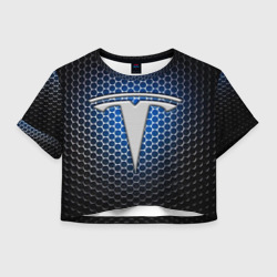 Женская футболка Crop-top 3D Tesla - металлический логотип на сетке