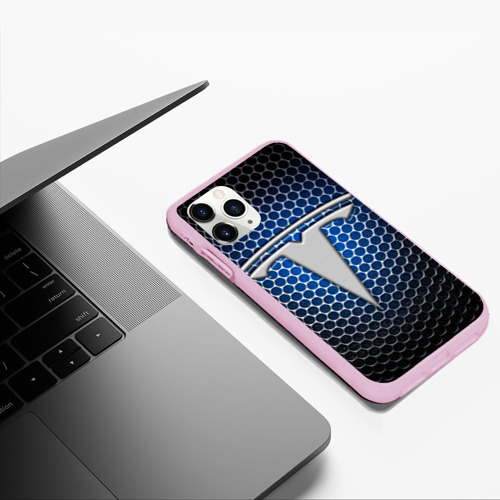 Чехол для iPhone 11 Pro Max матовый с принтом Tesla - металлический логотип на сетке, фото #5