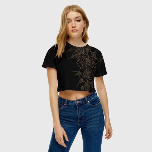 Женская футболка Crop-top 3D Элегантные розы на черном фоне, цвет 3D печать - фото 3