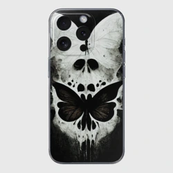 Чехол для iPhone 15 Pro Max силиконовый с защитой камеры Жуткие готические бабочки и череп