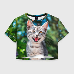 Женская футболка Crop-top 3D Мяукающий котёнок породы британская полосатая