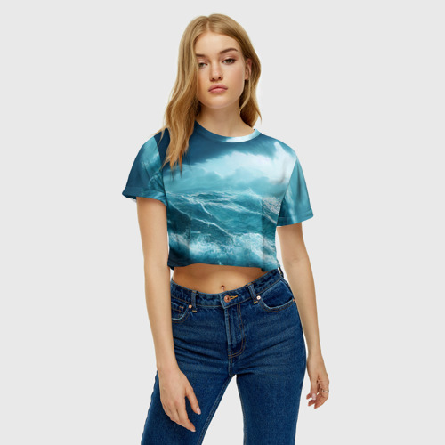 Женская футболка Crop-top 3D Буря в море, цвет 3D печать - фото 3