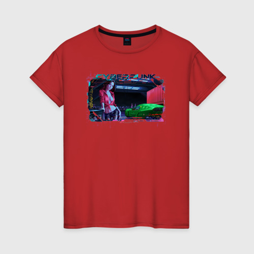 Женская футболка хлопок с принтом Гараж в стиле киберпанк, вид спереди #2