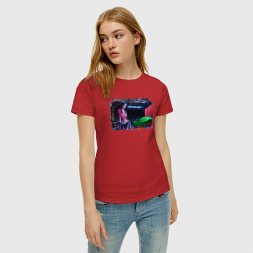 Женская футболка хлопок с принтом Гараж в стиле киберпанк, фото на моделе #1
