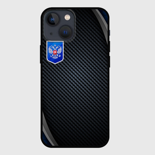 Чехол для iPhone 13 mini с принтом Black  blue Russia, вид спереди #2