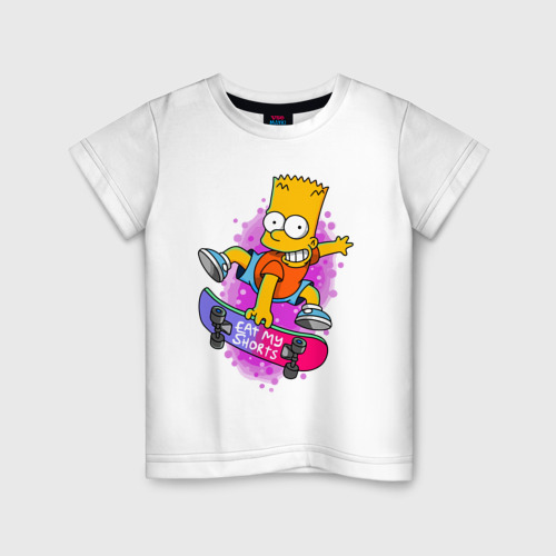 Детская футболка из хлопка с принтом Барт Симпсон на скейтборде — Eat my shorts!, вид спереди №1