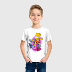 Футболка с принтом Барт Симпсон на скейтборде — Eat my shorts! для ребенка, вид на модели спереди №2. Цвет основы: белый