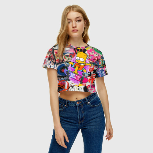 Женская футболка Crop-top 3D Скейтбордист Барт Симпсон, цвет 3D печать - фото 4