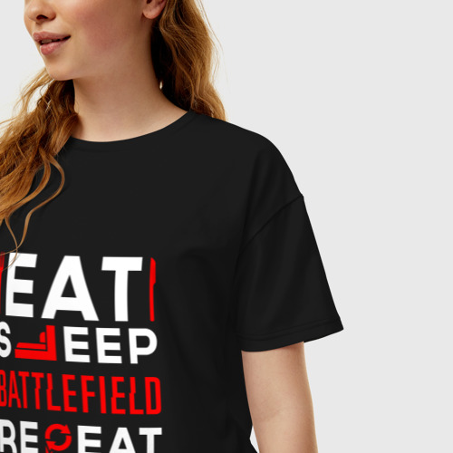 Женская футболка хлопок Oversize Надпись eat sleep Battlefield repeat, цвет черный - фото 3