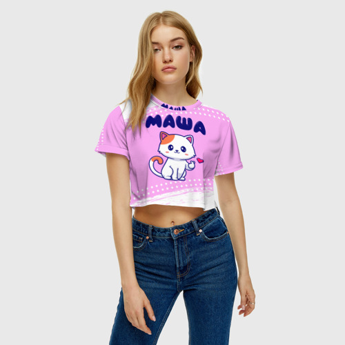 Женская футболка Crop-top 3D Маша кошечка с сердечком, цвет 3D печать - фото 3