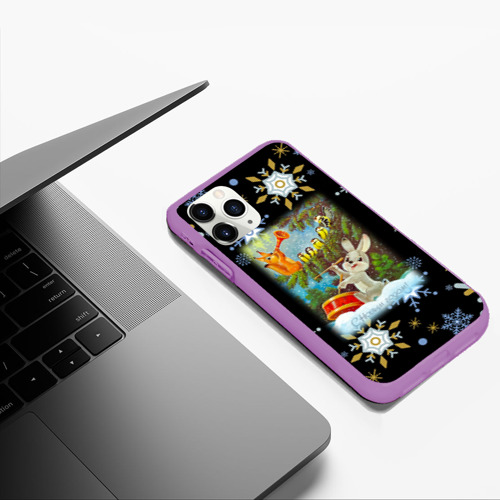 Чехол для iPhone 11 Pro Max матовый Новый год зайчик играет на барабане, цвет фиолетовый - фото 5