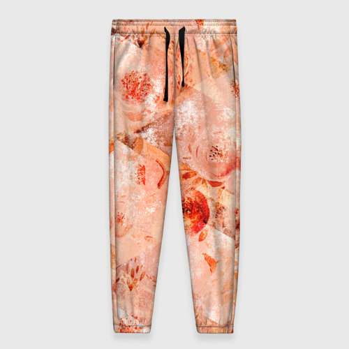 Женские брюки с принтом Гранжевый цветочный узор, коралловый фон, вид спереди №1