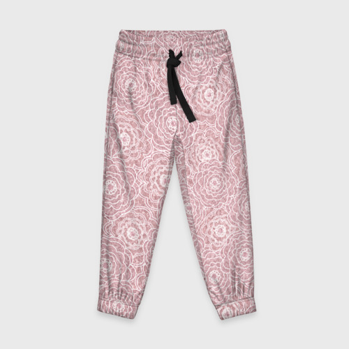 Детские брюки 3D с принтом Белые ажурные цветы на пыльном розовом, вид спереди #2