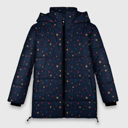 Женская зимняя куртка Oversize Золотые красные и синие звезды на темно синем фоне