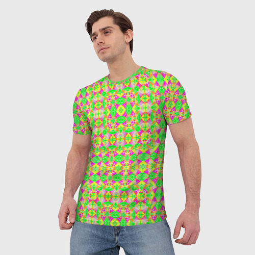 Мужская футболка 3D с принтом Калейдоскопический неоновый орнамент, фото на моделе #1