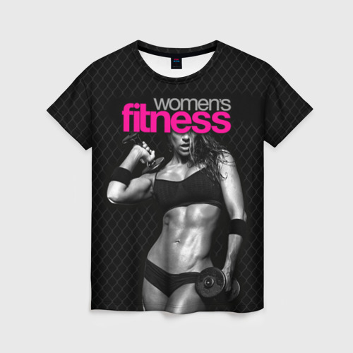 Женская футболка с принтом Фитнес-модель с гантелями, вид спереди №1
