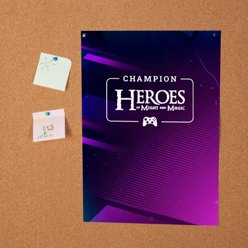 Постер Heroes of Might and Magic gaming champion: рамка с лого и джойстиком на неоновом фоне - фото 2