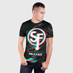 Мужская футболка 3D Slim Sally Face в стиле glitch и баги графики на темном фоне - фото 2