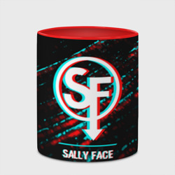 Кружка с принтом Sally Face в стиле glitch и баги графики на темном фоне для любого человека, вид спереди №4. Цвет основы: белый + красный