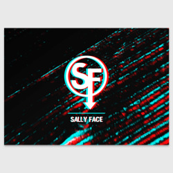 Поздравительная открытка Sally Face в стиле glitch и баги графики на темном фоне